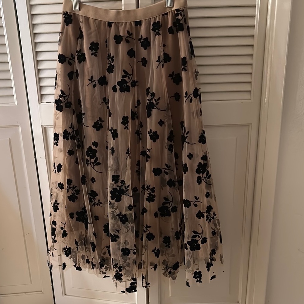Chicwish Beige Tulle Maxi Skirt with Black Floral Appliqué